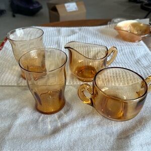 Cambridge Glass amber creamer, sugar bowl, and cups - 5 Piece
